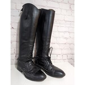 Tall Riding Boots Women's 6.5 Field Black Leather Back Zip Equestrian Front Lace